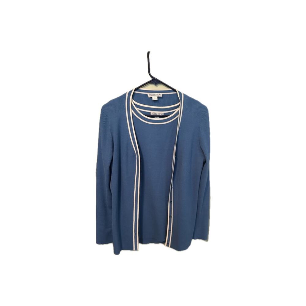 Pendleton Women's blue and white  Silk Blend Knit Lightweight Cardigan Set M